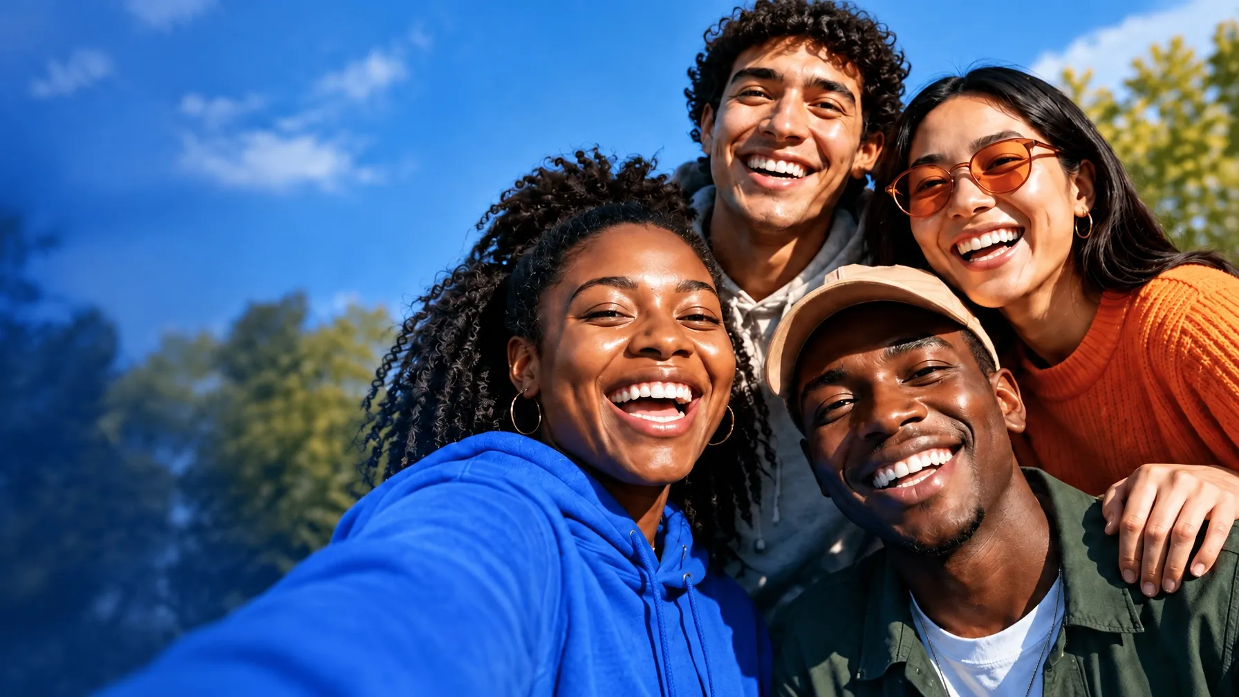 A close-knit group of friends smiling together outdoors